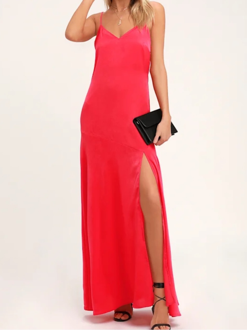Lulu's Vibrant Red Satin Slip Maxi Dress with High Side Slit